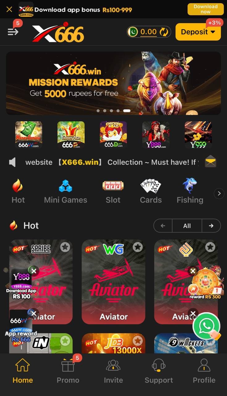 X666 app home lobby showing Aviator, slots and mission rewards