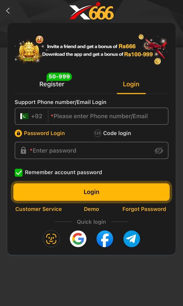 X666 app login and registration screen