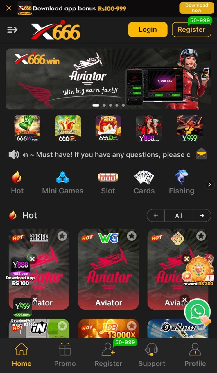 X666 app home lobby with game categories and promotions