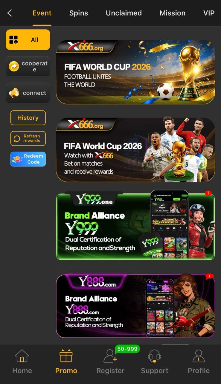 X666 app promotions and events screen