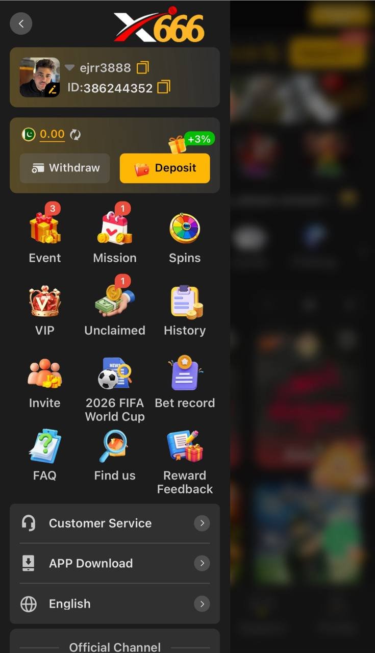 X666 app main menu showing all game categories